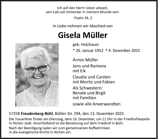 Traueranzeige von Gisela Müller von Siegener Zeitung