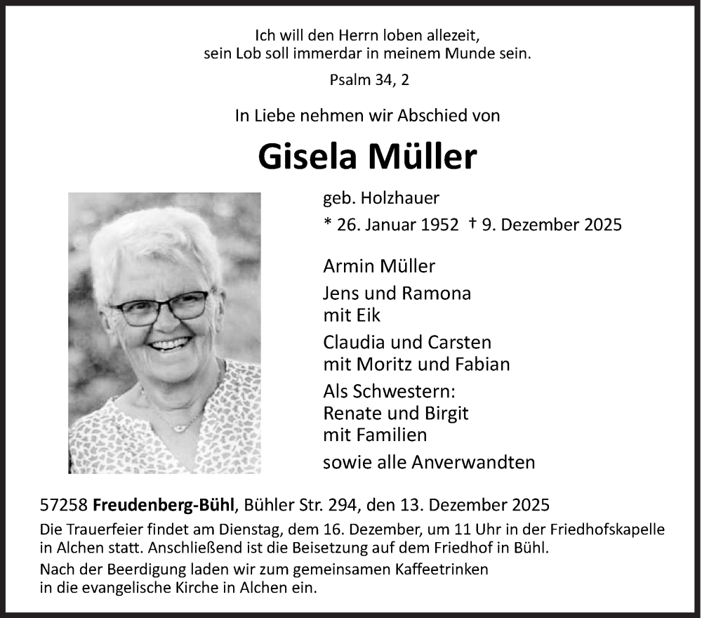  Traueranzeige für Gisela Müller vom 13.12.2025 aus Siegener Zeitung