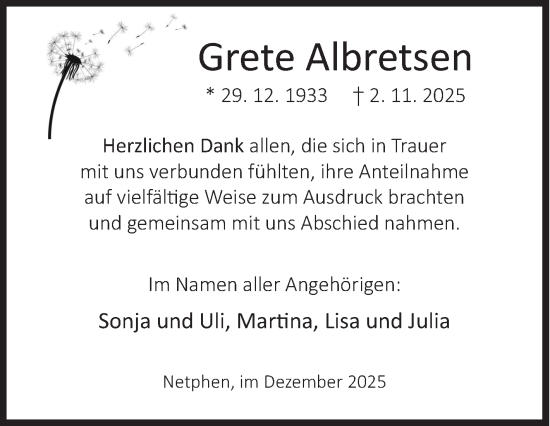 Traueranzeige von Grete Albretsen von Siegener Zeitung