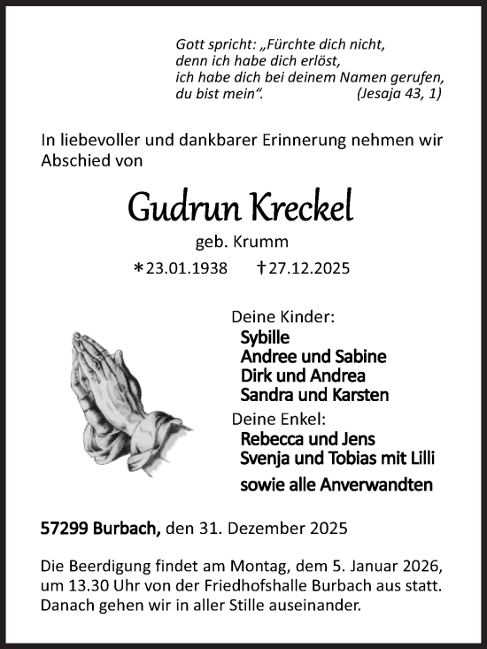 Traueranzeige von Gudrun Kreckel von Siegener Zeitung