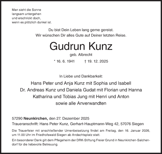 Traueranzeige von Gudrun Kunz von Siegener Zeitung