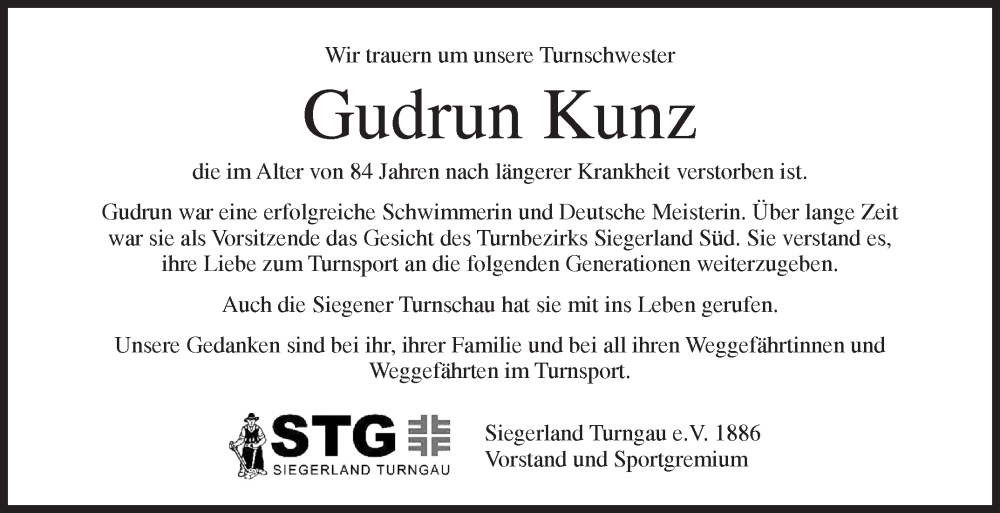  Traueranzeige für Gudrun Kunz vom 27.12.2025 aus Siegener Zeitung