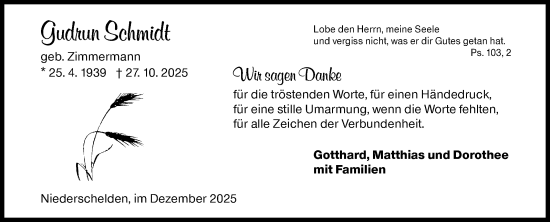 Traueranzeige von Gudrun Schmidt von Siegener Zeitung