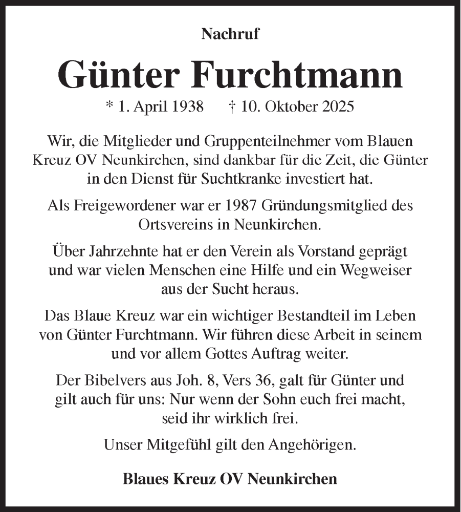  Traueranzeige für Günter Furchtmann vom 13.12.2025 aus Siegener Zeitung