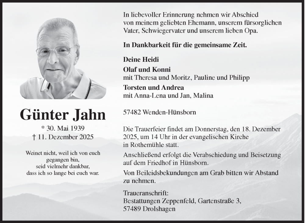  Traueranzeige für Günter Jahn vom 16.12.2025 aus Siegener Zeitung