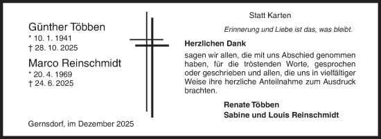 Traueranzeige von Günther  Marco Többen  Reinschmidt von Siegener Zeitung