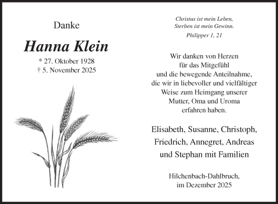 Traueranzeige von Hanna Klein von Siegener Zeitung