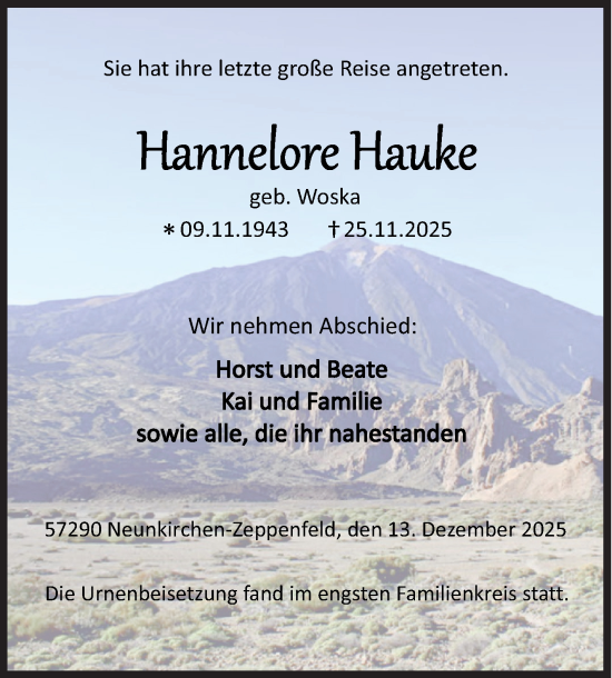 Traueranzeige von Hannelore Hauke von Siegener Zeitung
