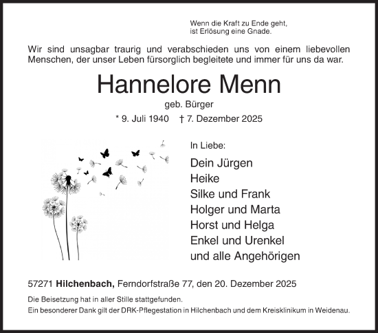 Traueranzeige von Hannelore Menn von Siegener Zeitung