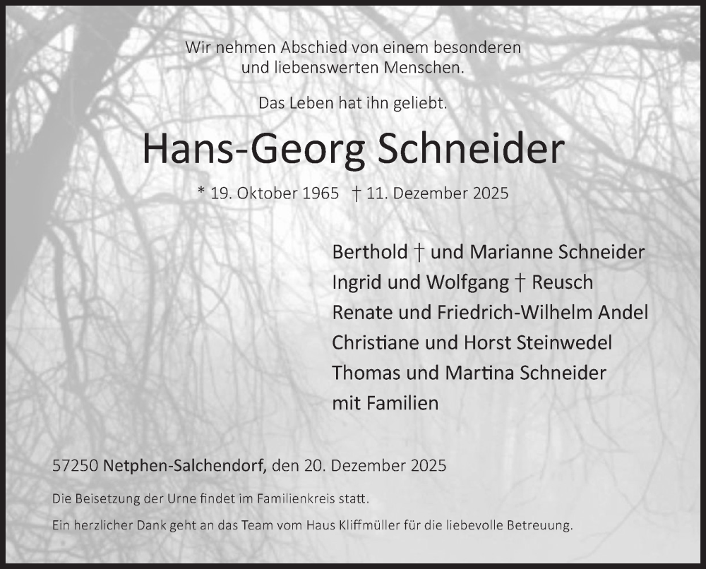  Traueranzeige für Hans-Georg Schneider vom 20.12.2025 aus Siegener Zeitung