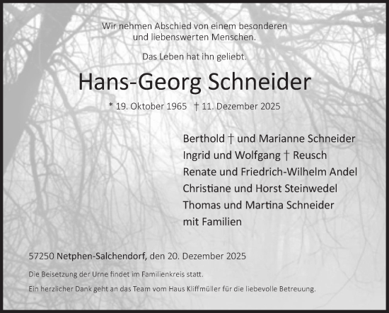 Traueranzeige von Hans-Georg Schneider von Siegener Zeitung