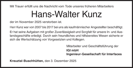Traueranzeige von Hans-Walter Kunz von Siegener Zeitung