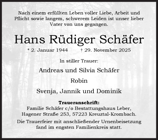 Traueranzeige von Hans Rüdiger Schäfer von Siegener Zeitung