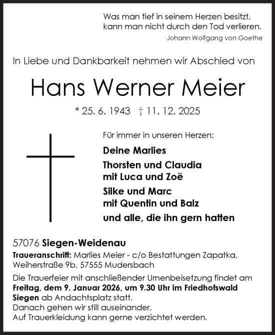 Traueranzeige von Hans Werner Meier von Siegener Zeitung