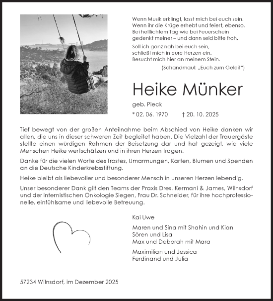Traueranzeige von Heike Münker von Siegener Zeitung