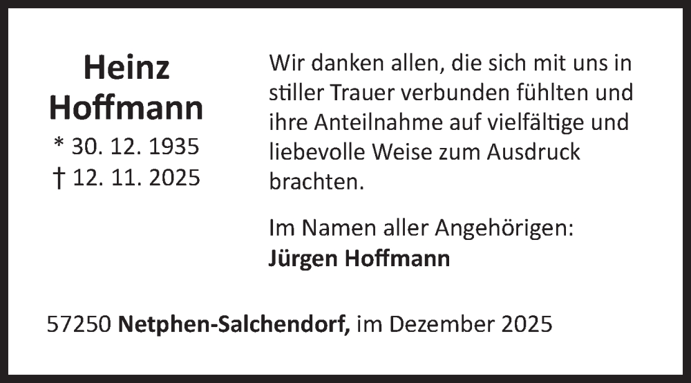  Traueranzeige für Heinz Hoffmann vom 06.12.2025 aus Siegener Zeitung