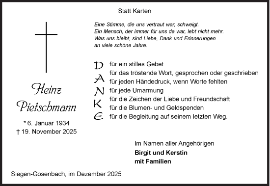 Traueranzeige von Heinz Pietschmann von Siegener Zeitung