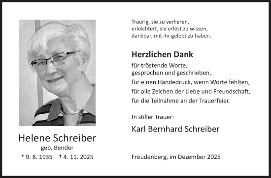 Traueranzeige von Helene Schreiber von Siegener Zeitung