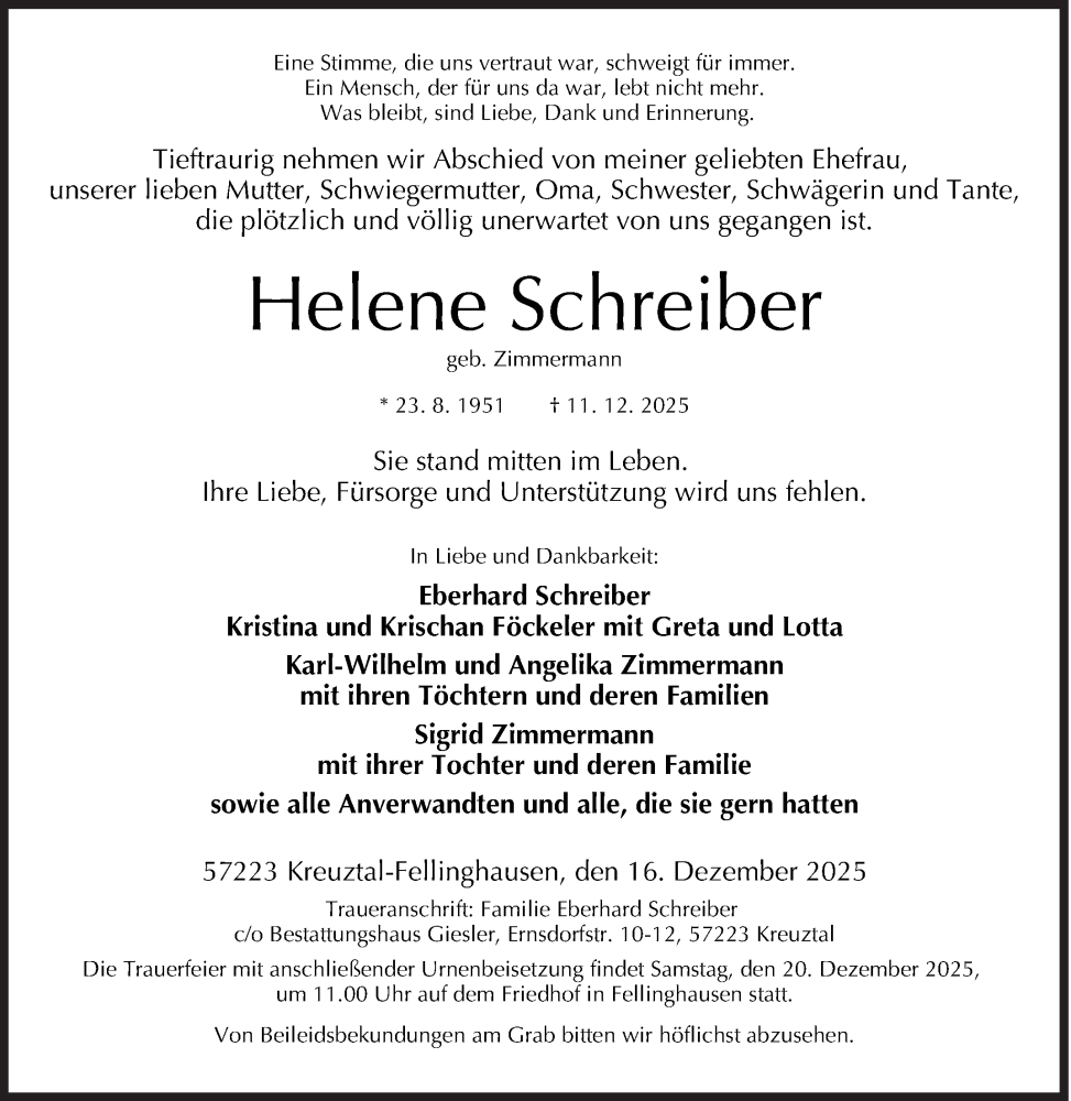  Traueranzeige für Helene Schreiber vom 16.12.2025 aus Siegener Zeitung
