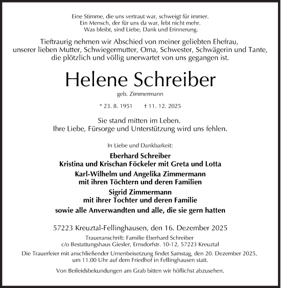 Traueranzeige von Helene Schreiber von Siegener Zeitung