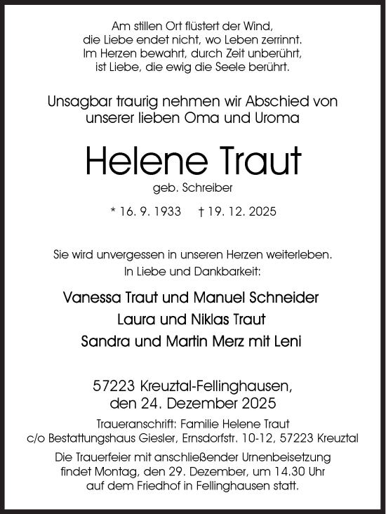 Traueranzeige von Helene Traut von Siegener Zeitung
