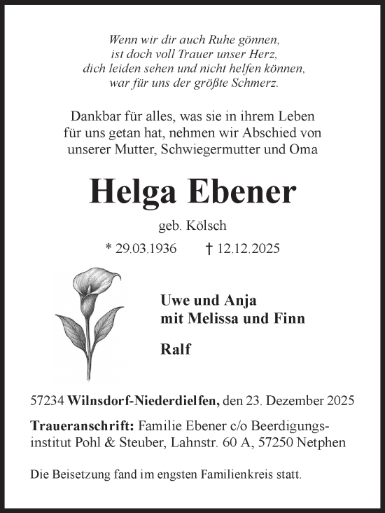 Traueranzeige von Helga Ebener von Siegener Zeitung