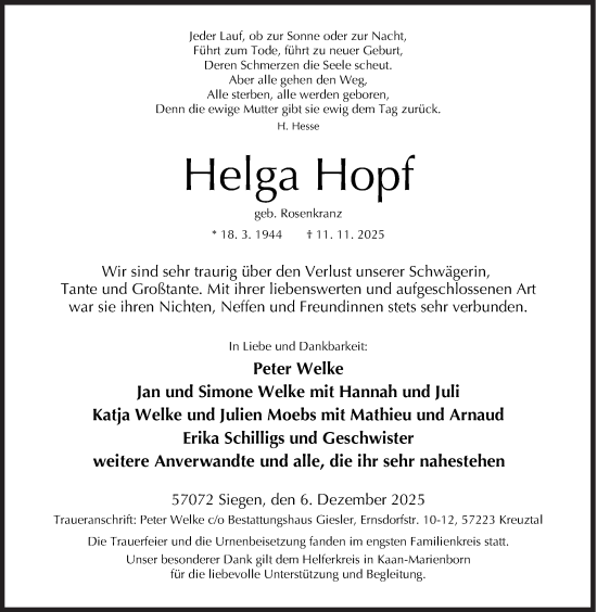 Traueranzeige von Helga Hopf von Siegener Zeitung