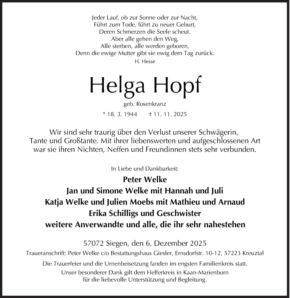  Traueranzeige für Helga Hopf vom 06.12.2025 aus Siegener Zeitung