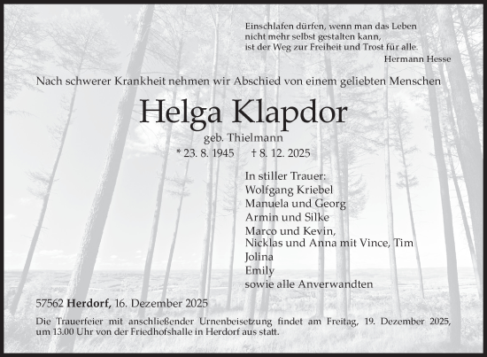 Traueranzeige von Helga Klapdor von Siegener Zeitung