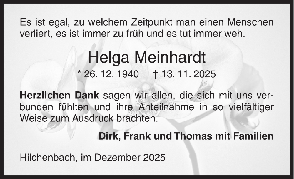  Traueranzeige für Helga Meinhardt vom 13.12.2025 aus Siegener Zeitung