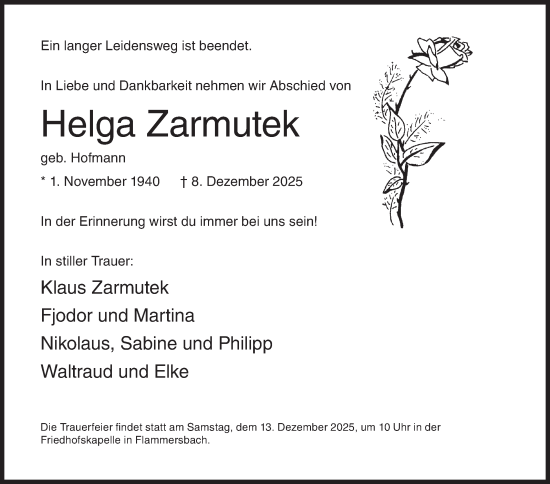 Traueranzeige von Helga Zarmutek von Siegener Zeitung