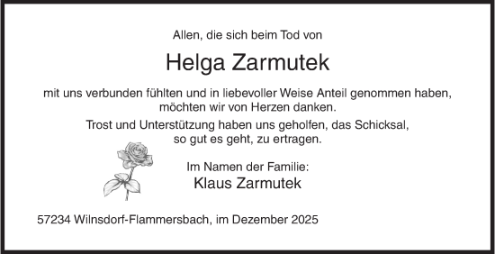 Traueranzeige von Helga Zarmutek von Siegener Zeitung