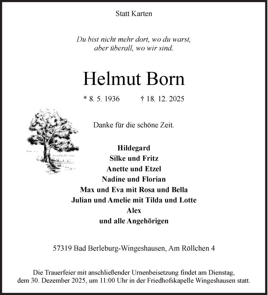  Traueranzeige für Helmut Born vom 24.12.2025 aus Siegener Zeitung