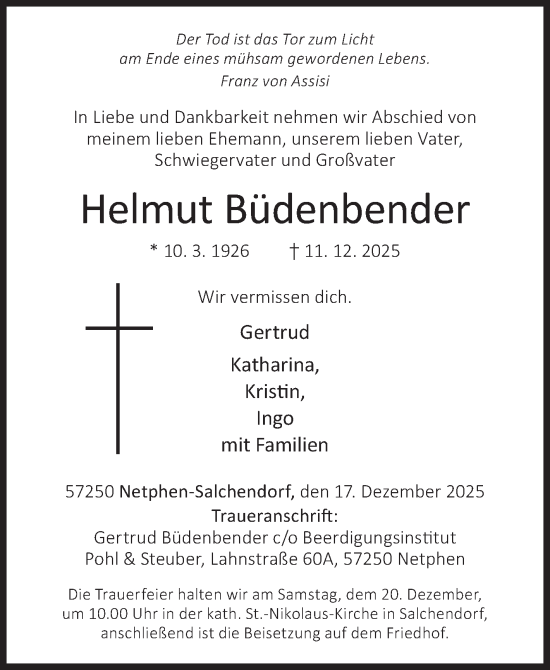 Traueranzeige von Helmut Büdenbender von Siegener Zeitung