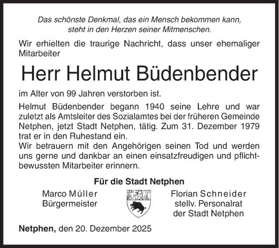 Traueranzeige von Helmut Büdenbender von Siegener Zeitung