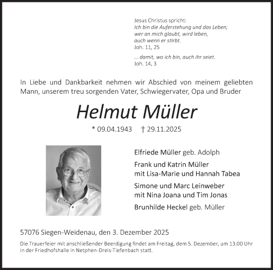 Traueranzeige von Helmut Müller von Siegener Zeitung