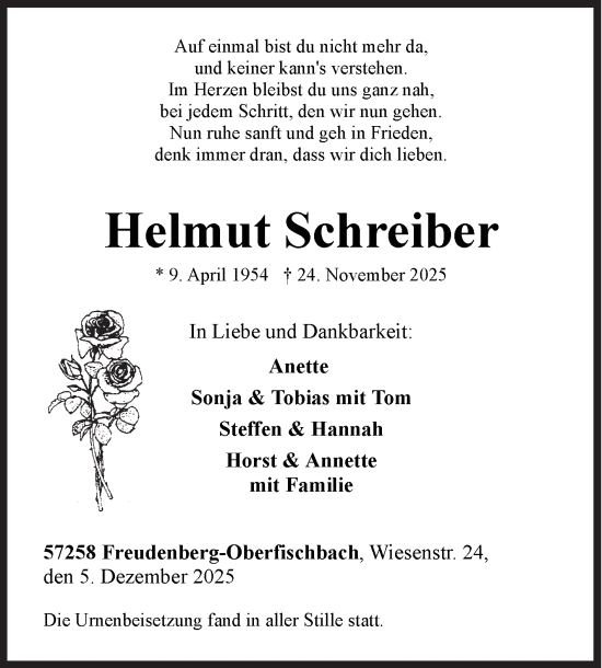 Traueranzeige von Helmut Schreiber von Siegener Zeitung