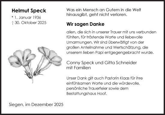 Traueranzeige von Helmut Speck von Siegener Zeitung