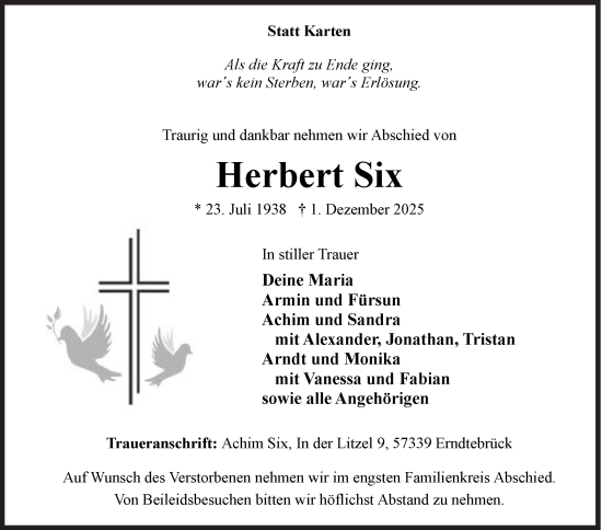Traueranzeige von Herbert Six von Siegener Zeitung