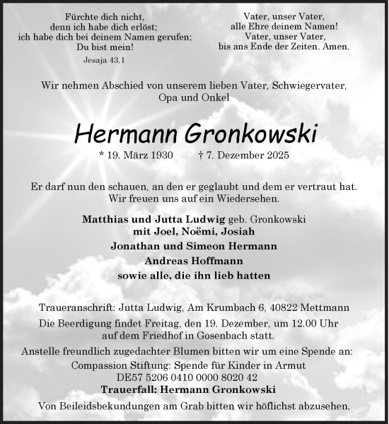 Traueranzeige von Hermann Gronkowski von Siegener Zeitung