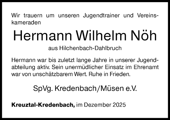 Traueranzeige von Hermann Wilhelm Nöh von Siegener Zeitung