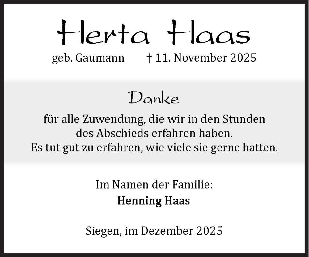  Traueranzeige für Herta Haas vom 20.12.2025 aus Siegener Zeitung
