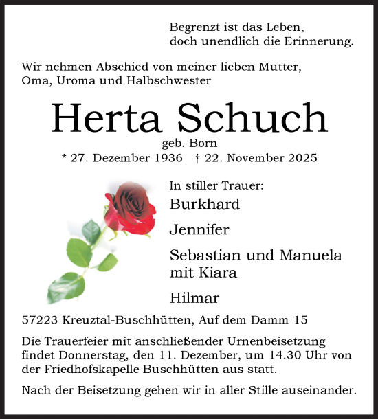 Traueranzeige von Herta Schuch von Siegener Zeitung