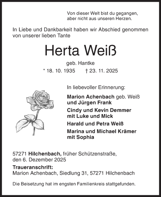 Traueranzeige von Herta Weiß von Siegener Zeitung