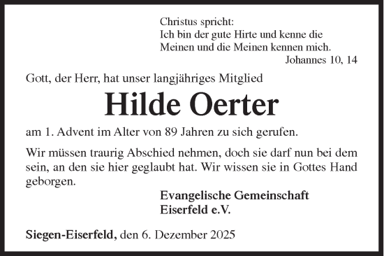 Traueranzeige von Hilde Oerter von Siegener Zeitung