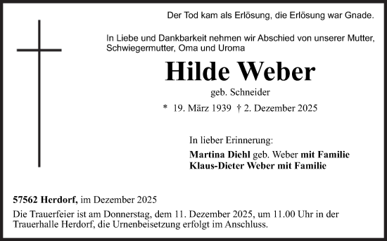 Traueranzeige von Hilde Weber von Siegener Zeitung