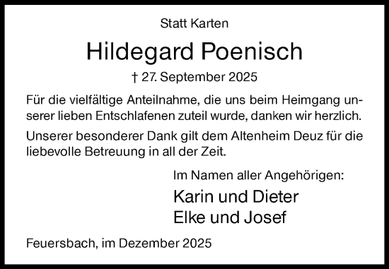 Traueranzeige von Hildegard Poenisch von Siegener Zeitung