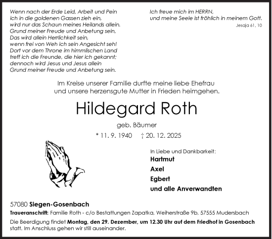 Traueranzeige von Hildegard Roth von Siegener Zeitung
