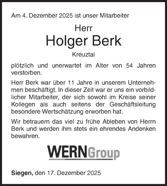 Traueranzeige von Holger Berk von Siegener Zeitung