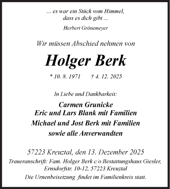 Traueranzeige von Holger Berk von Siegener Zeitung